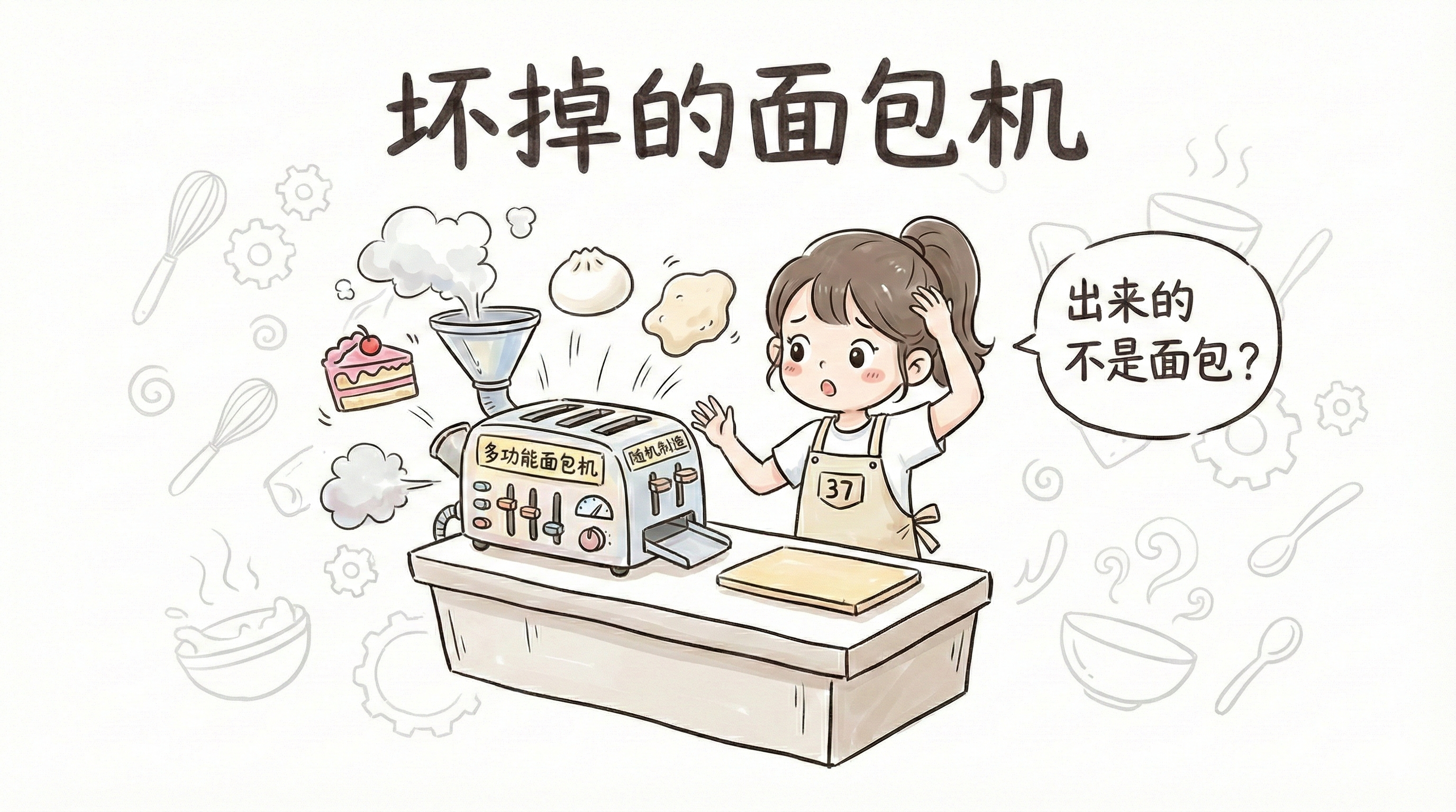 坏掉的面包机：37站在面包机旁，面包机输出了蛋糕、馒头等非面包产品，旁边气泡写着